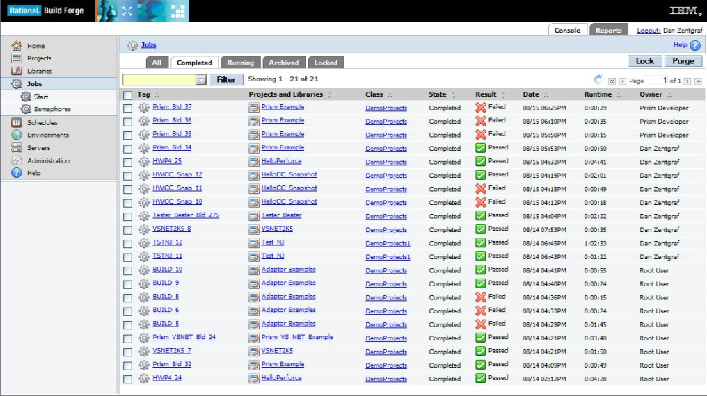 IBM Build Forge - Main Jobs Result Screen